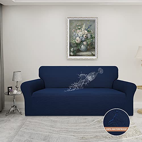 Image of Easy-Going 100% Waterproof Couch Cover, 3 Cushion Couch Slipcover for Sofa | Leakproof Sofa Cover, Stretch Jacquard Furniture Protector Against Stain Spill from Kids, Pets, Dog (Sofa, Navy)