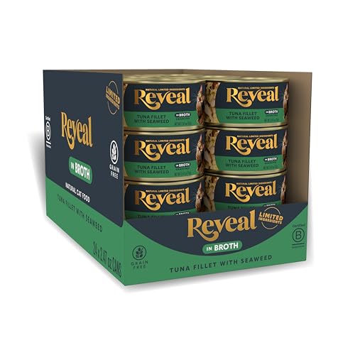 Image of Reveal Natural Wet Cat Food, 24 Count, Grain Free, Limited Ingredient Canned Food for Cats, Tuna with Seaweed in Broth, 2.47 oz Cans | 100% Natural, High Quality Protein, Limited Ingredient, Grain Free, No Fillers, No Artificial Additives, No By-Products