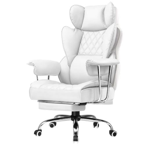 Image of GTPLAYER Gaming Chair,Office Chair with Pocket Spring Lumbar Support, Ergonomic Comfortable Wide Office Desk Computer Chair with Outward Fixed Soft Armrests and Footrest,(PU Leather, White)