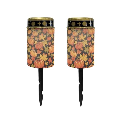 Image of Poceacles Solar Lights Outdoor Waterproof Grave Lights for Cemetery LED Flameless Candle Cemetery Solar Pillar Candles Outdoor Decor, Pumpkin Maple Leaf Orange Black, Pack of 2