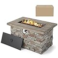 COSTWAY 43.5" Propane Gas Fire Pit Table, 2-in-1 Outdoor Rectangle Fire Table W/Volcanic Rock & PVC Cover, 50,000 BTU Heat Output, Faux Stone Surface, Ideal for Backyard, Poolside