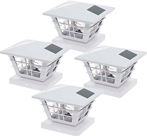 GreenLighting 4 Pack Cape Cod 5x5 Solar Powered Post Cap Light with 4x4 Base Adapter, Fits 5 inch and 4 inch PVC Posts (White)
