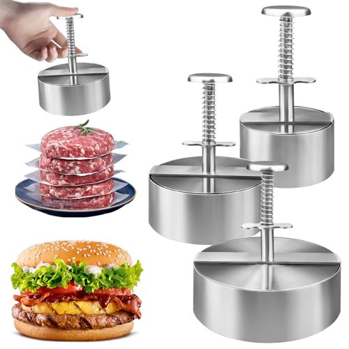 Pressa per hamburger in acciaio inox, regolabile, 3 dimensioni, resistente, antiaderente, per carne, verdure, manzo, barbecue, hamburger fatti in casa (8 cm, 11,5 cm, 14 cm)