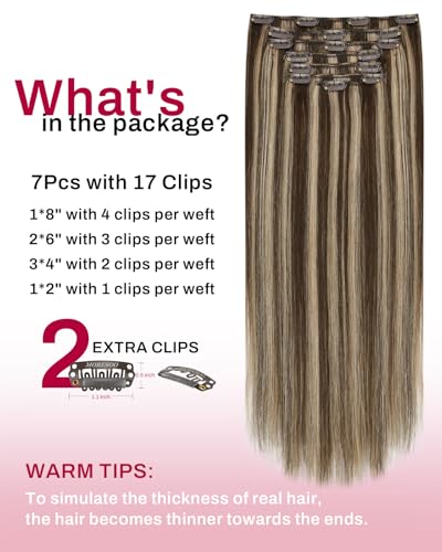 Image of Moresoo Human Hair Extensions Clip ins Brown Highlight Real Hair Clip in Extensions Dark Brown Highlights with Caramel Blonde Double Weft Clip in Human Hair Extensions 7pcs 120g 20 Inch