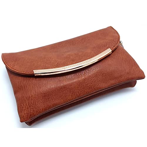 Cartera de Mano para Fiesta Bolso Mujer Bandolera Elegante Herraje Dorado Piel Sintético (Marrón)