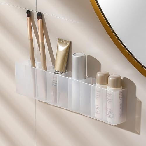 Image of Mini Wall Mount Storage Box, 6 Compartment Transparent Plastic Makeup Brush Lipstick Holder Self-Adhesive Pen Holder Makeup Organizer for Home Office..