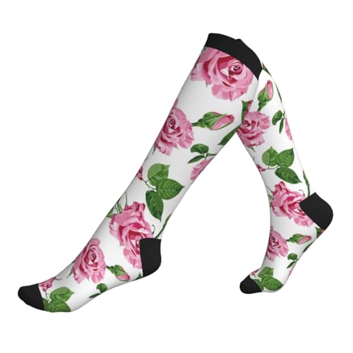 Compression Socks for Women Men - Green Pink Rose Flowers Knee High Compression Stockings for Women Men