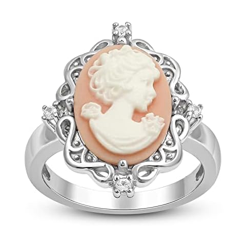 Jewelili Pink Cameo Ring in Sterling Silver with Round Created White Sapphire, Metal, cameo Cover