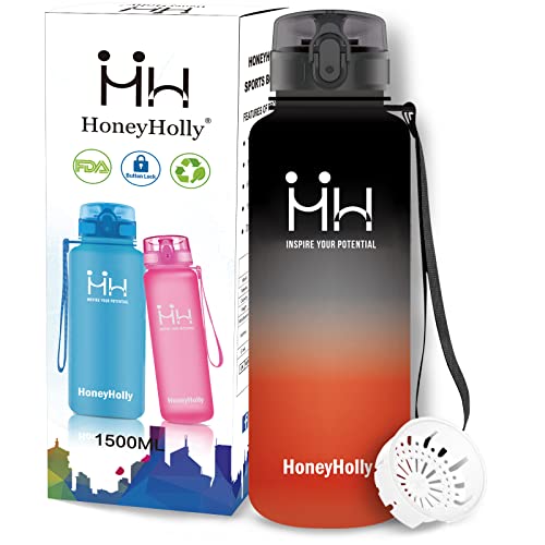 HoneyHolly Botella de agua de 1,5 litros, a prueba de fugas, sin BPA, botella de 1,5 litros, botella deportiva de 1,5 litros, plástico tritan con filtro, para fitness, deportes, gimnasio, exterior Cover