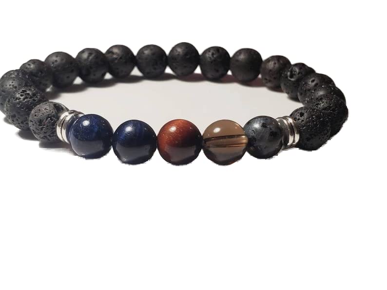 Bracelet œil de tigre homme femme perles de lave 8mm quartz fumé extensible guérison