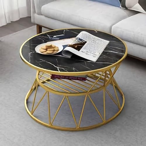 Image of CROWN ART SHOPPEE The Circular Metal Side Table with Marble Shade top is a Chic and Useful Piece of Furniture. (Black Gold)