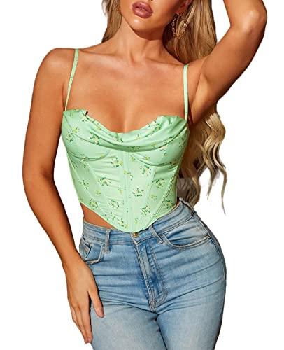 Courecrop Floral Corset Top Spaghetti Straps Cute Bustier Cowl Neck Party Crop Tops For Women #TOP5