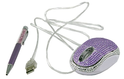 Perfect Life Ideas Bling Computer Mouse and Ballpoint Pen Set - USB Wired Ergonomic Scroll Wheel Mouse with Light for Laptop, Desktop Computers - FCC Approved - Bling Covered. Purple