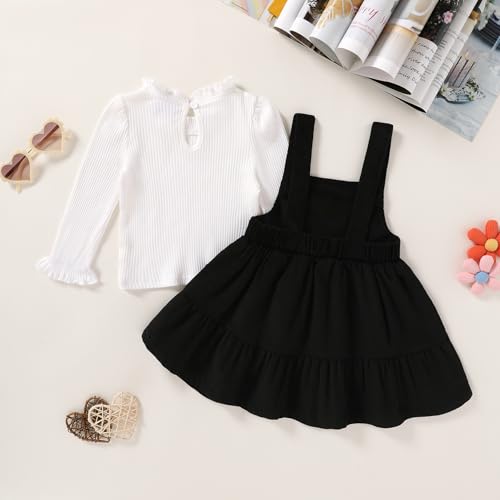 Happy Town Toddler Girl Clothes Long Sleeve Fall Outfits Ruffle Ribbed Floral Tops Overall Dress Set with Pocket3