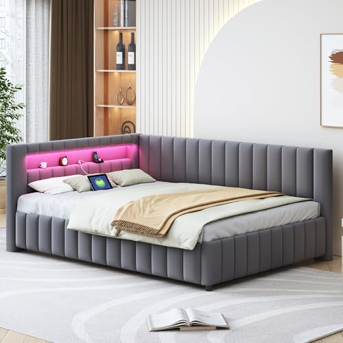 EINHOM Polsterbett Schlafsofa 140x200 cm, Tagesbett mit LED-Licht und USB-Ladeanschluss, Jugendbett mit Rückenlehne, Kopfteil und Bettrahmen, Samtstoff, Ohne Matratze (Grau)