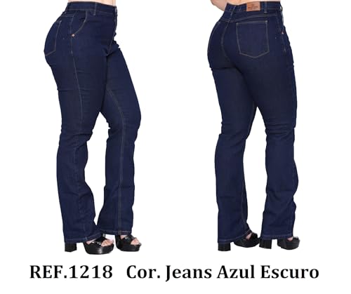 Calça Feminina Jeans Cintura Alta, Modelagem Reta, Elastano, Plus Size, Zíper nas Costas (BR, Numéri