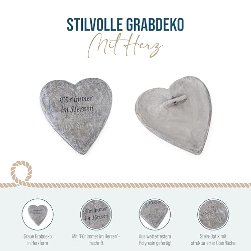 Grabdeko mit Spruch: Grabherz Wetterfest, Gedenkstein Friedhof, Grab, Urnengrab, Trauerstein Herz Deko, Grabschmuck, Grabdekoration Allerheiligen & Totensonntag, Stein Dekoration, 12,5 x 11,5 cm