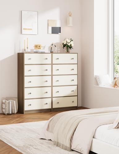 Nicehill Dresser for Bedroom with 5 Drawers, Fabric Dresser Storage Tower, Chest of Drawers for Closet, Living Room, Hallway, Entryway, Wooden Dressers (Light Wood Grain and White)