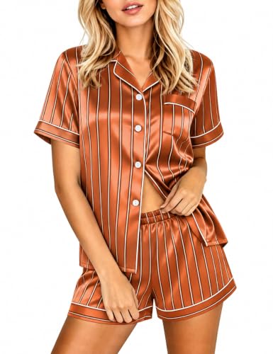 Image of LecGee Womens Silk Satin Pajamas Short Sleeve Loungewear Two-Piece Sleepwear Button-Down Pj Set