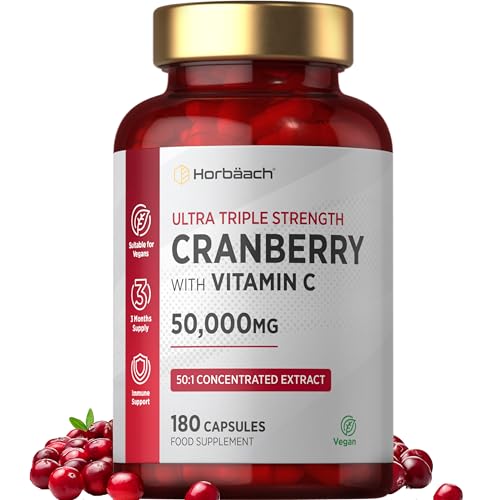 Cranberry Capsules 50,000 mg | High Strength Cranberry Extract with Vitamin C | 180 Vegan Capsules | Supplement for Women & Men | by Horbaach