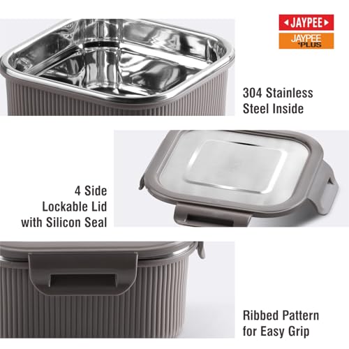 Image of Jaypee Plus Ultima Micro Seal Microwave Safe Air Tight Food Storage Container 800 ml Inner Stainless Steel Rib Design Spillproof Lunch Box for School, Office, Ideal for Snacks and Meal,Mirror Grey