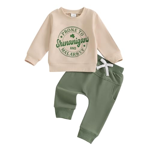 Fuethsuy Toddler Baby Boy St Patricks Day Outfit Letter Clover Print Long Sleeve Sweatshirt Sweatpants Set Spring Clothes (Khaki, 6-12 Months)