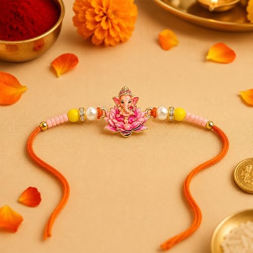 Image of Oblivion Rakhi For Brother - Elegant Stylish God Designer Rakhi with Beads and Silver Colour Pooja Coin, Tilak Set & Greeting Card - Traditional Raksha Bandhan Combo for Bhai (Ganesha, Variant 5)