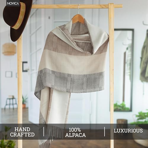 NOVICA Artisan Handmade 100% Alpaca Shawl Unique Fine Wool Neutral Color Accessories Shawls Brown Beige Patternedstriped Peru ' Quiet Atacama'3