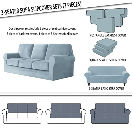 Housse de canapé 3 places velours extensible bleu housse de coussin dossier séparé - 8