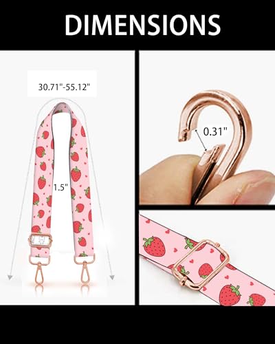 Image of Purse Straps Rose Gold Buckles Wide Shoulder Strap,Fashion Adjustable Replacement Belt for Crossbody Canvas Bag Handbag(cute strawberry)
