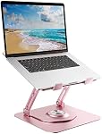 Swivel Laptop Stand for Desk, Adjustable Height Aluminum Computer Stand with 360 Rotating Base, Foldable Ergonomic Riser, Portable Laptop Holder Compatible with MacBook, All Laptops 10-17'', Pink