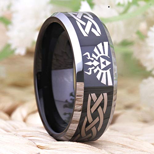 CLOUD DANCER FREE Custom Engraving Wolf Head & Royal Triforce Cosplay Ring - 8mm Width Silver/Blue/Black Tungsten Carbide Wedding Band3