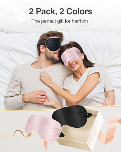 Luxtude Silk Sleep Mask 1OO% Mulberry, Silk Eye Mask for Sleeping Blackout, Satin Sleep Masks for Women Men, Blindfold Night Eye Masks Eye Covers for Travel, 2 Pack