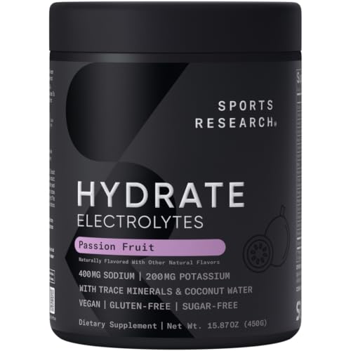 Image of Sports Research Hydrate Electrolytes Powder - Sugar-Free & Naturally Flavored with Vitamins, Minerals, and Coconut Water - Supports Hydration - Passion Fruit