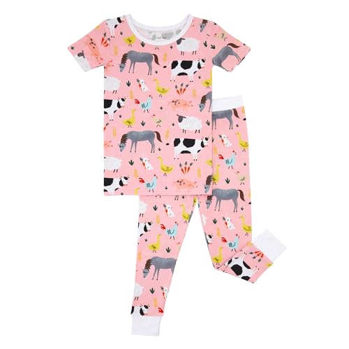 Little Sleepies Short Sleeve Shirt & Pants Pajama Set for Kids, Viscose Derived from Bamboo Toddler and Kids PJs, Pink Farm Animals, 18-24 months