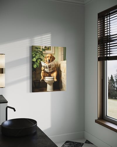 Image of Labrador Retriever on Toilet Wall Art Print Canvas Wrapped, Dog Bathroom Humor Decor Posters Prints for Restroom Home Picture Painting Artwork Gallery 7 (Labrador Retriever, 20 inchL x 16 inchWCANVAS, Wrapped Canvas)