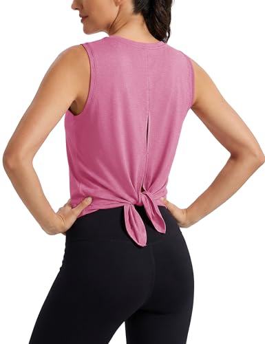 Image of MAGCOMSEN Workout Tank Tops Woman Summer Open Back Yoga Athletic Shirts Sleeveless Tie Back Loose Fit Gym Muscle Tank