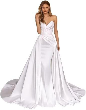 Mermaid Strapless Wedding Dresses for Bride with Detachable Train Ruched Satin Long Prom Ball Gowns for Women White