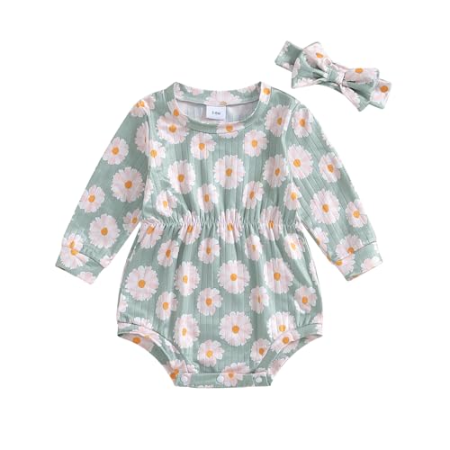 Image of Emmababy Baby Girl Fall Romper Daisy Print Long Sleeve Bodysuit Elastic Waist Striped Jumpsuit Bow Headbands Winter Clothes