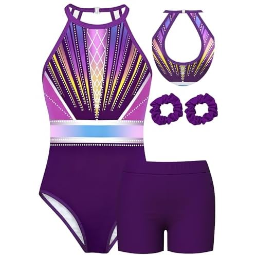 MOLLDAN Gymnastics Leotard for Girls Halter Neck Biketard Unitard Tumbling Activewear for Kids,No Diamond Cyberpunk Style 11Y(11-12 Years)