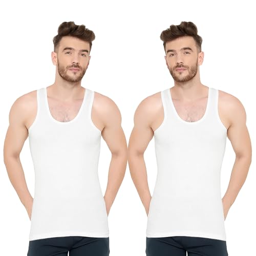 Image of Men's 100% Pure Cotton Sleeveless Round Neck Vest - Modern White Baniyan, Pack of 2 /3 /5 /10