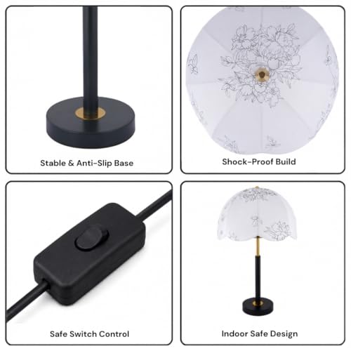 Image of Floral Dome Table Lamp with Metal Base, Cotton Printed Flower Fabric Shade 45cm Height in Black & Gold Base (Led Bulb Included)