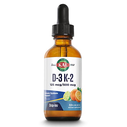 Kal D3 K2 Dropins 125 Mcg / 500 Mcg Liquid Vitamin D3 K2 Drops, Bone Health, Heart Health And Immune Support Supplement, Natural Citrus Flavor, 60-Day Money Back Guarantee, Approx. 59 Serv, 2 Fl Oz #TOP28