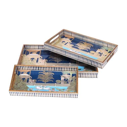 Image of Rectangular Wooden MDF Serving Trays Set of 3 (16x10, 14x8, 12x6 Inches) - Enamelled Finish with Easy-Grip Handles, Perfect for Dining, Tea, Snacks & Home Decor (Swan Tray)