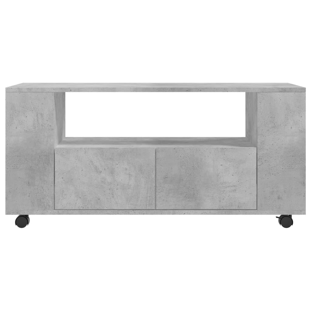Szafka pod telewizor betonowa szara 102 x 34,5 x 43 cm z materiału drewnopochodnego z 4 kółkami i dużą ilością miejsca do przechowywania urządzeń multimedialnych i artykułów dekoracyjnych