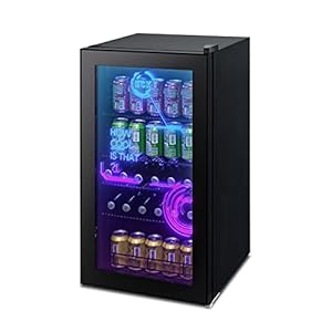 HCK Mini-koelkast, 98 l, kleine koelkast met moderne verlichting, Cyberpunk, mini-koelkast van 0 tot 10 °C, glazen deur, voor speelkamer, feest, zwart