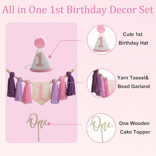 Image of Girl First Birthday Pastel Pink Purple ONE High Chair Banner with Cone Hat & Cake Toppe Baby Girl Spring 1st Birthday Decoration(Pink Purple 1st)