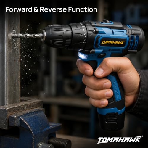 Image of Tomahawk T8000 12V Cordless Drill Machine & Screwdriver for Home | 10mm Keyless Chuck | 2-Speed 350 /1350 RPM | 28 Nm, 25+1 Clutch | 1.5Ah Battery + Charger | LED Light