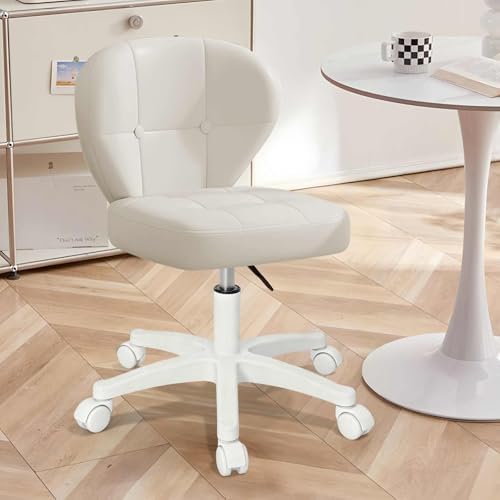 Image of Small Office Chair with Lumbar Support, PU Leather Armless Swivel Desk Chair Adjustable Height, Compact Rolling Chair for Home Office, Bedroom, Study (White)