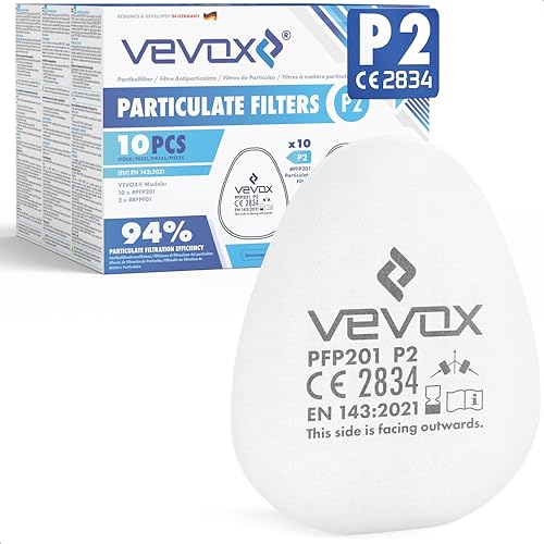 VEVOX® Filtro antiparticolato P2 in set da 10 - Protezione contro particelle e aerosol - Capacità di filtrazione del 94% per particelle e aerosol (0,3μm) - incl. 2 x contenitore in plastica